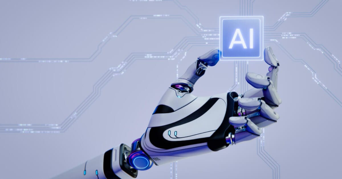 Robotic arm holding an AI icon